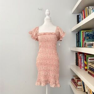 The Impeccable Pig Smocked Floral Mini Dress Blush Pink Small